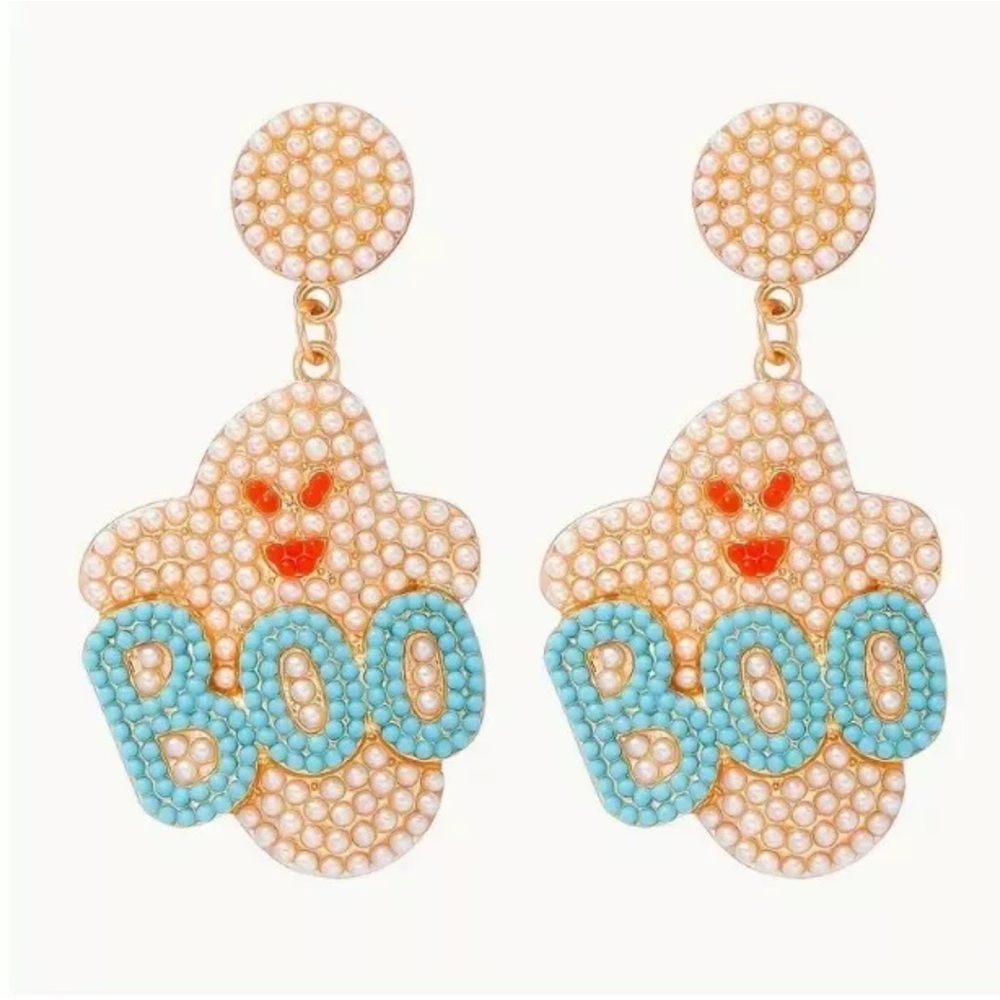 Seed Bead Pearl And Gold, Ghost Dangle Earrings, With Blue Boo- Halloween